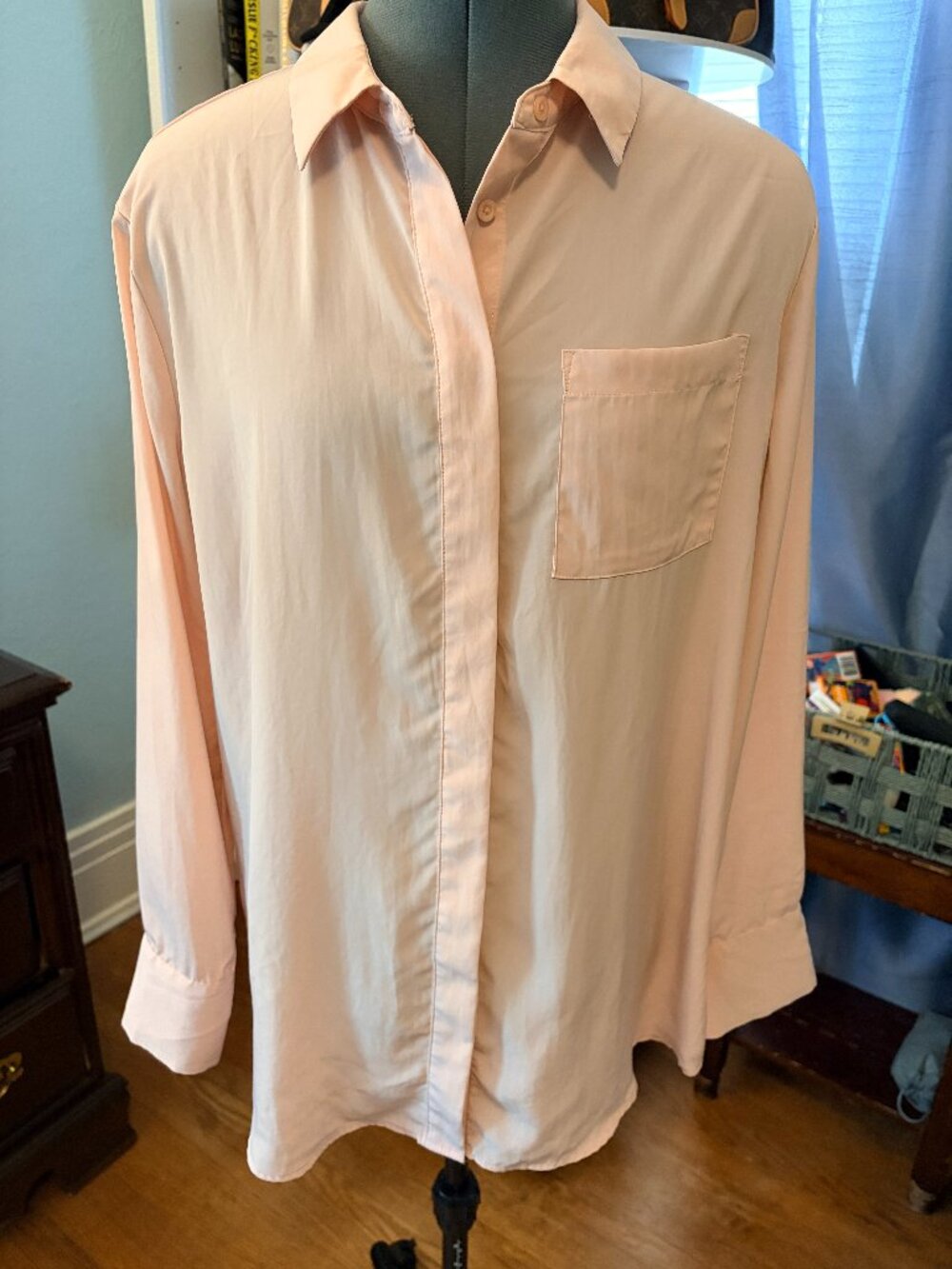 Nine West Blush Pink Button Up Blouse Womens L Long Sleeve Career Shirt Pocket